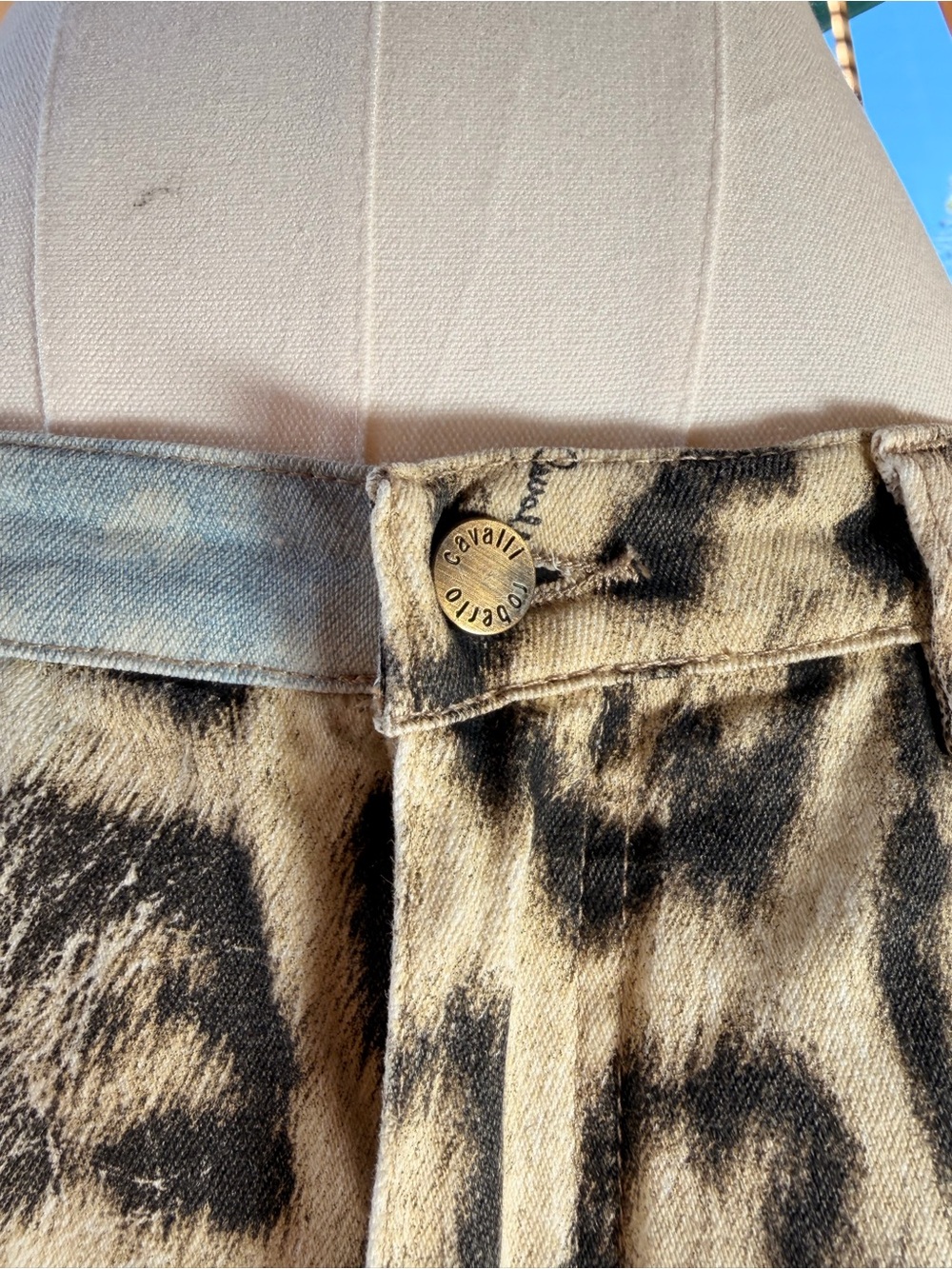 VINTAGE ROBERTO CAVALLI Leopard Print Light Wash Flare Jeans Archive 90s Size M - Picture 11 of 15